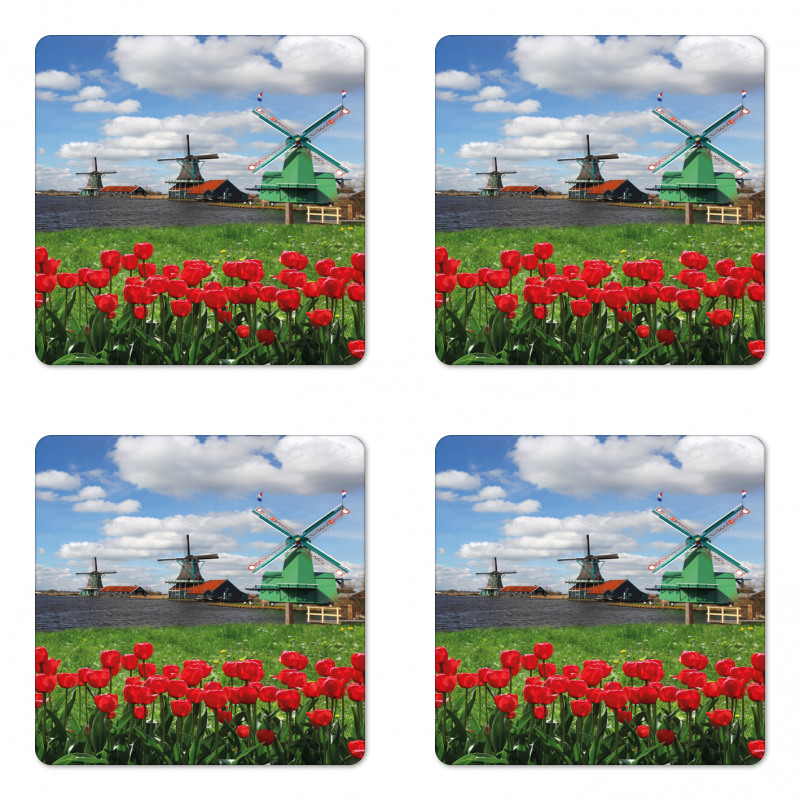 Red Color Tulips Field Coaster Set Of Four