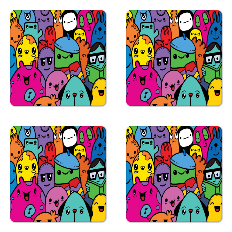 Colorful Doodle Monsters Coaster Set Of Four