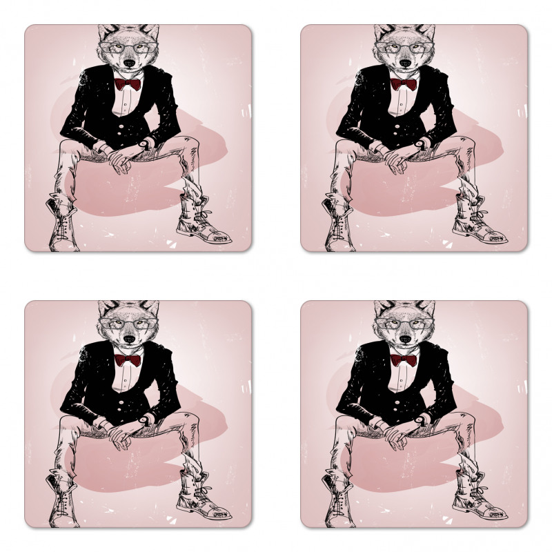 Hipster Wild Wolf Glasses Coaster Set Of Four