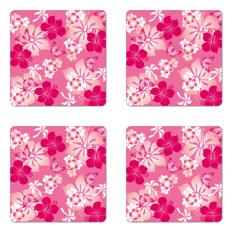 Pink Hibiscus Butterflies Coaster Set Of Four