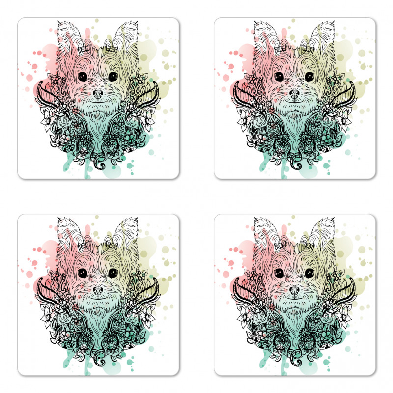 Dog Sketch Flowers Coaster Set Of Four