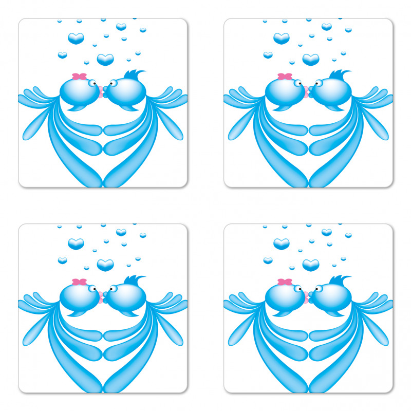 Blue Cartoon Fishes Heart Coaster Set Of Four