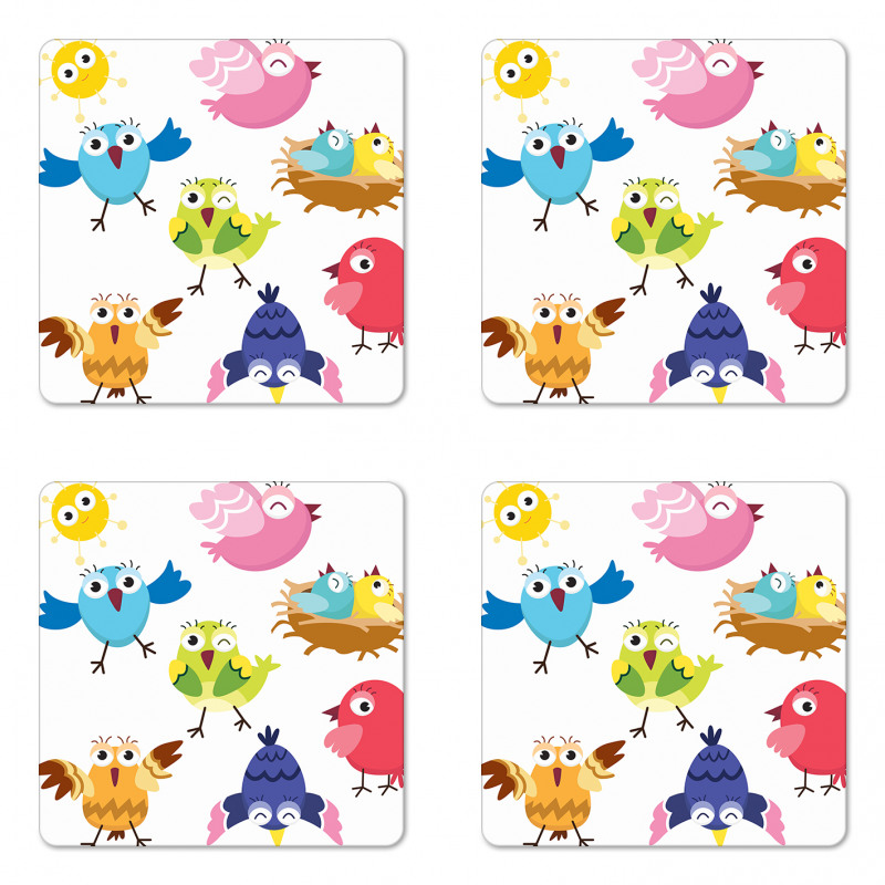 Funny Birds Sun Cartoon Coaster Set Of Four