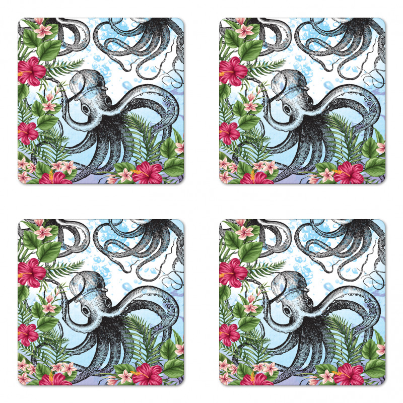 Tropic Hibiscus and Octopus Coaster Set Of Four