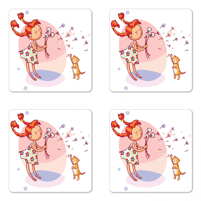 Cartoon Girl and Cat Coaster Set Of Four