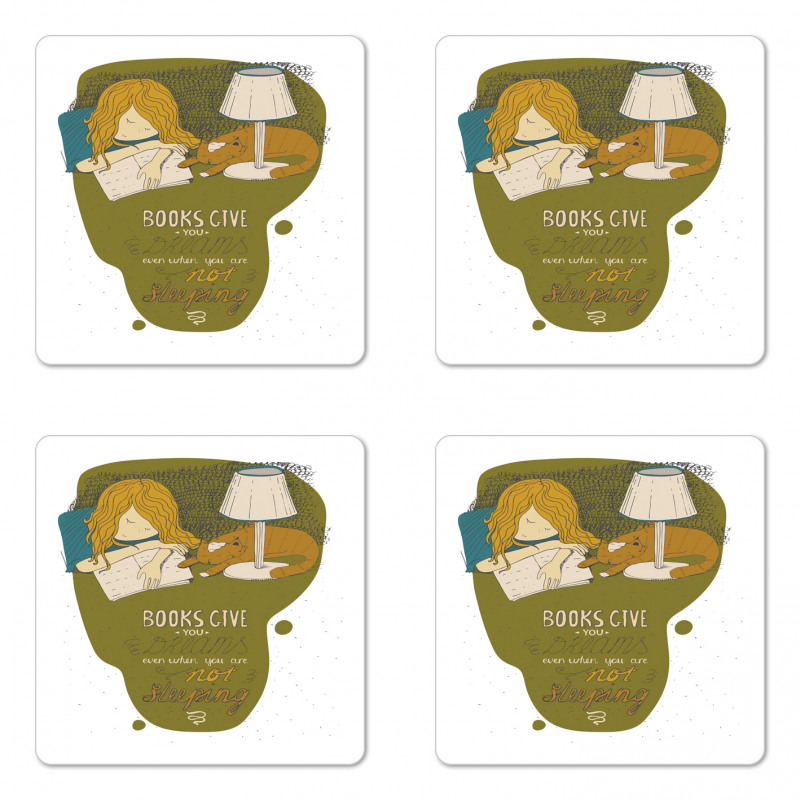 Girl and Cat Sleep on Book Coaster Set Of Four