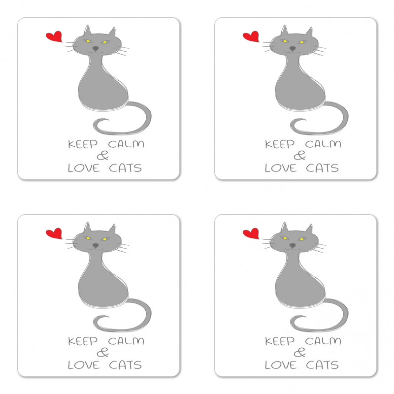 Grey Cat Red Heart Coaster Set Of Four