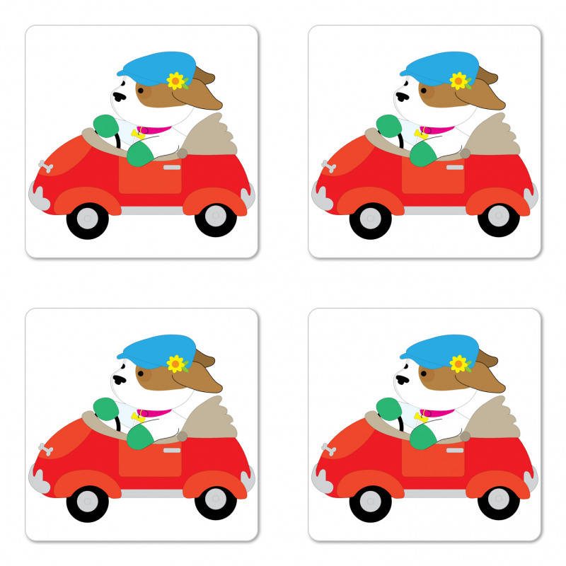 Puppy Driving Cap Coaster Set Of Four