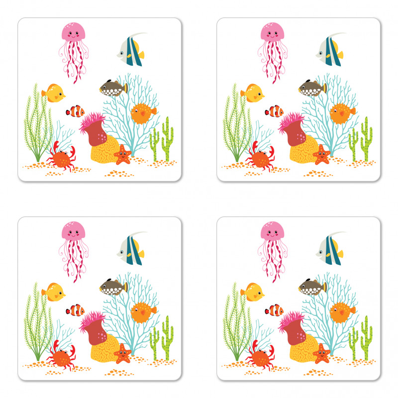 Cartoon Underwater Coral Coaster Set Of Four