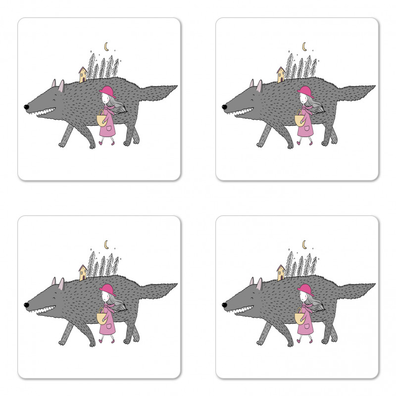 Girl with a Giant Wolf Coaster Set Of Four