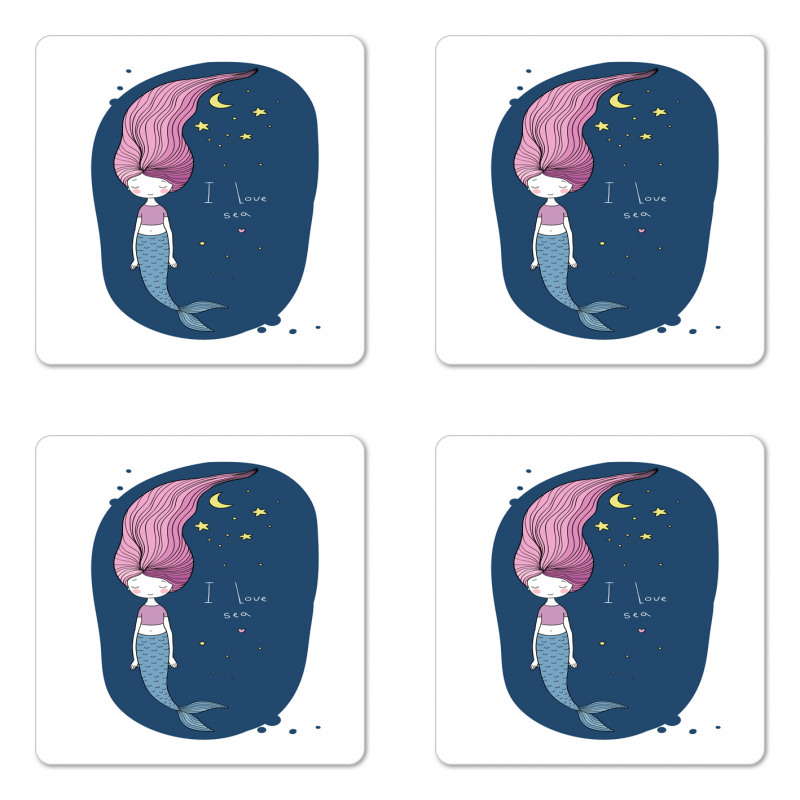 I Love Sea Cartoon Girl Coaster Set Of Four