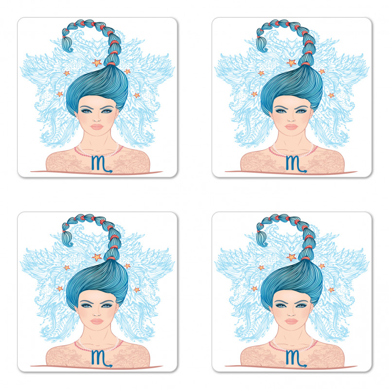 Lady Blue Hair Coaster Set Of Four