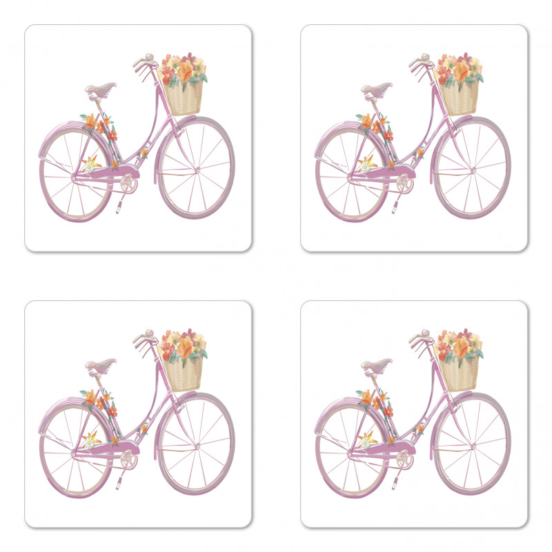 Pink Bike Flowers Art Coaster Set Of Four