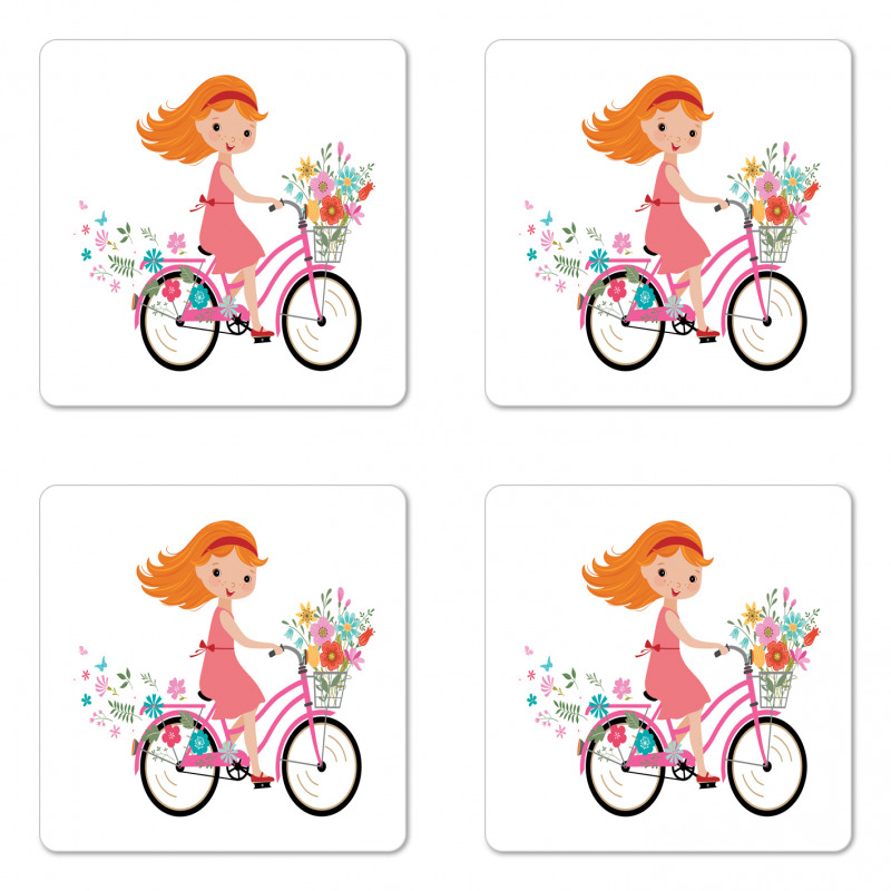 Happy Girl on Bike Flowers Coaster Set Of Four