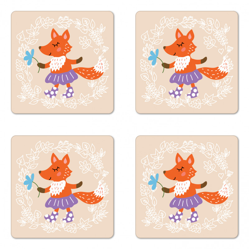 Fox with Clothing Flowers Coaster Set Of Four