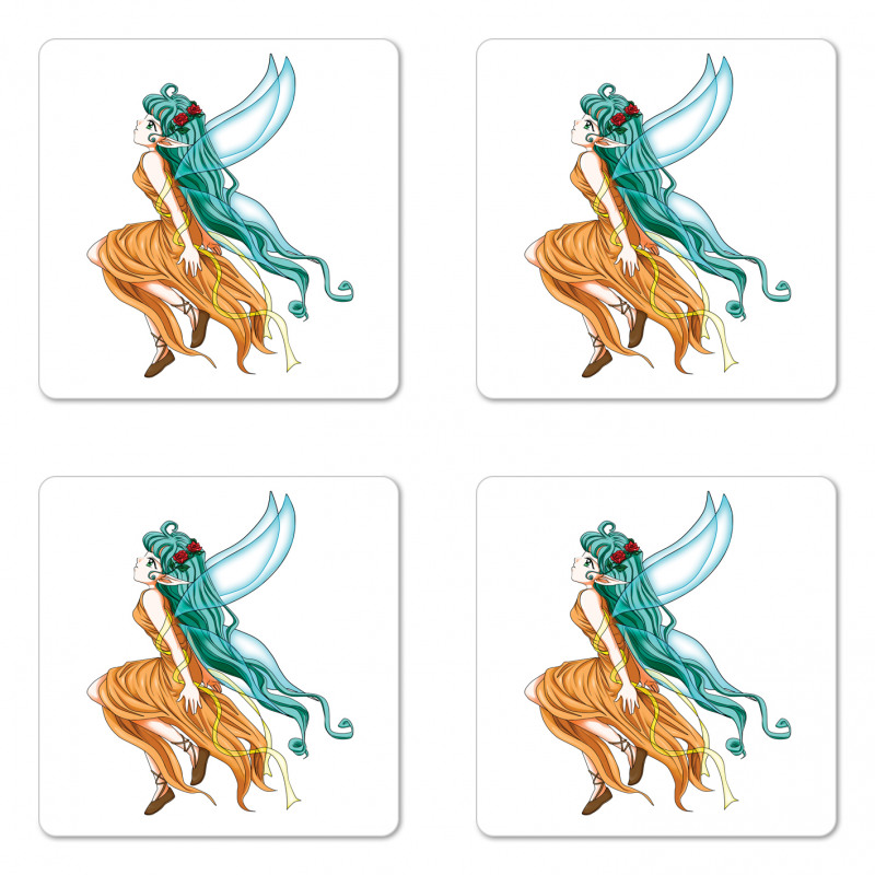 Pixie Girl Elf Green Hair Coaster Set Of Four