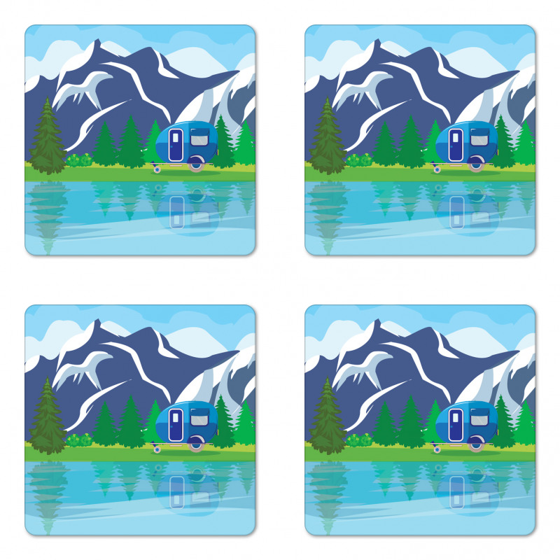 Cartoon Lake Landscape Coaster Set Of Four