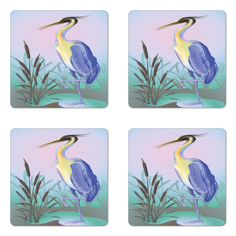 Heron with Reed Water Coaster Set Of Four