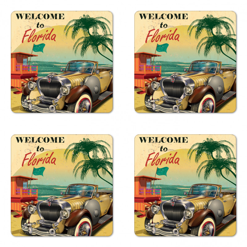 Old Beach Car Picture Coaster Set Of Four