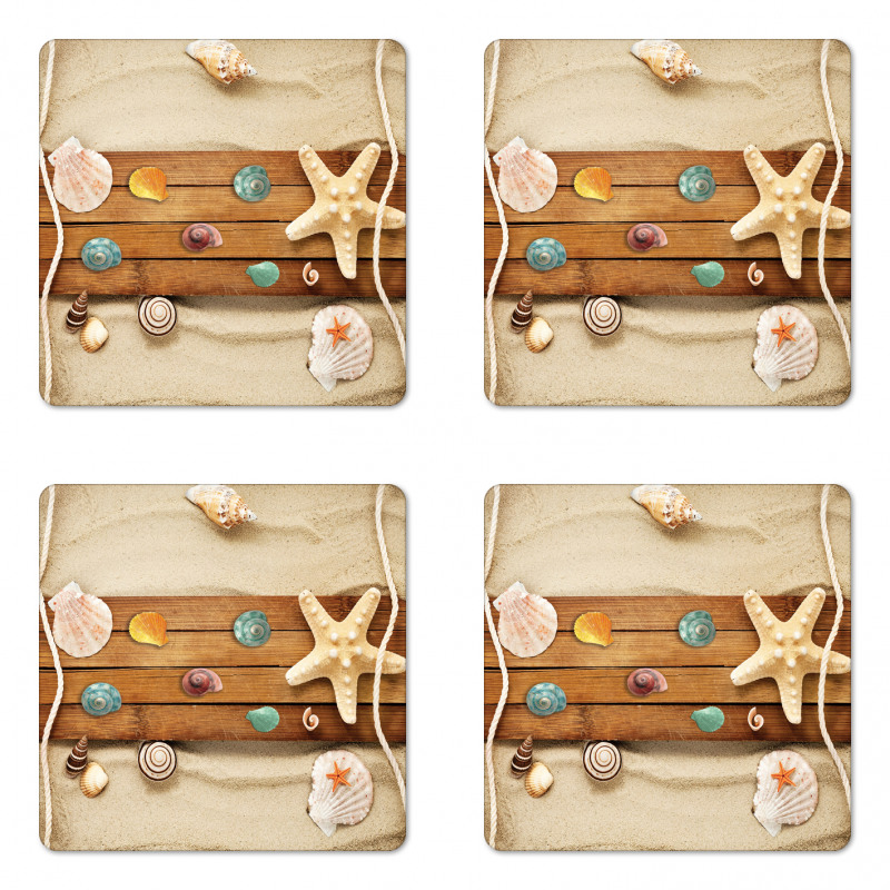 Rustic Board Seashells Coaster Set Of Four