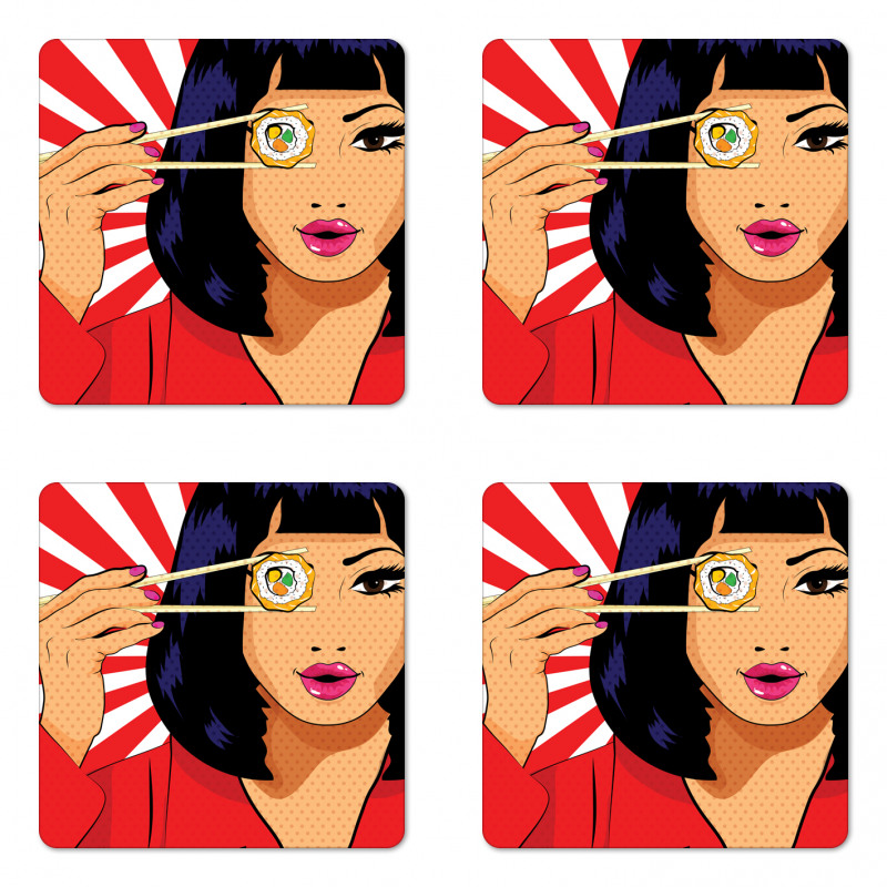 Pop Art Style Girl with Sushi Coaster Set Of Four