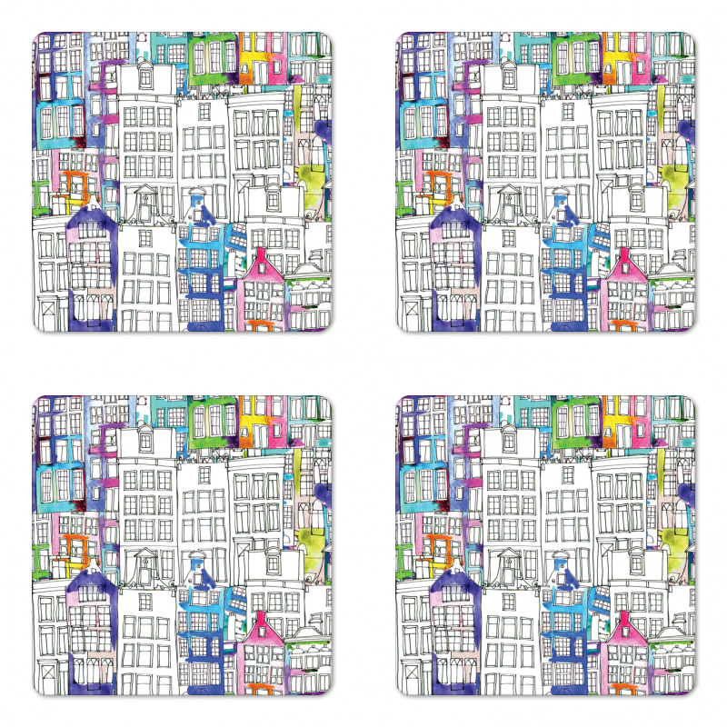 Watercolor Sketch Houses Coaster Set Of Four