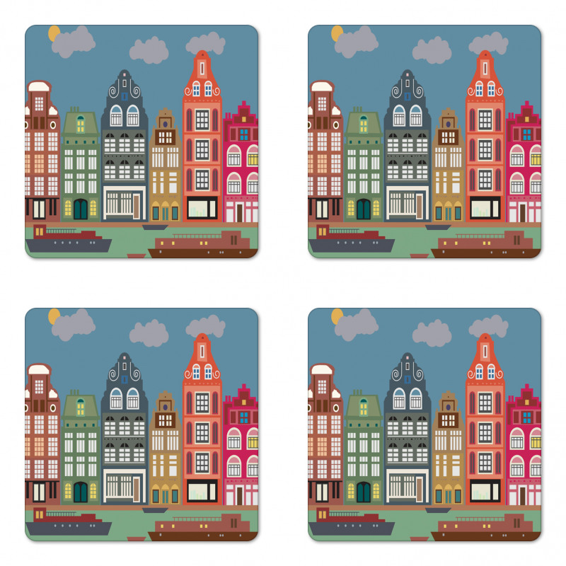 European Houses and Ships Coaster Set Of Four