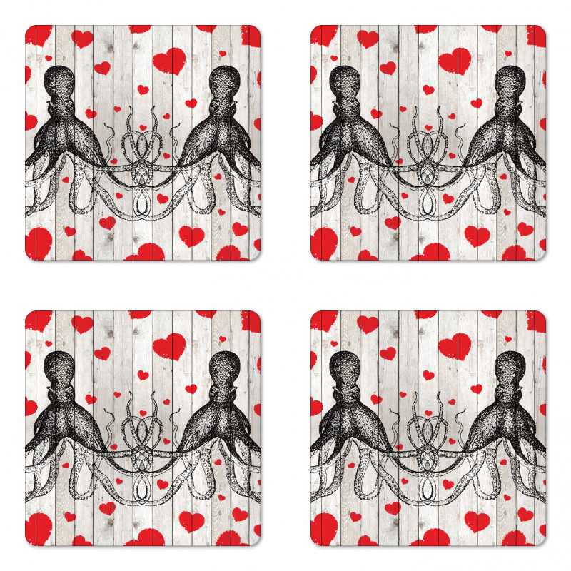 Octopus Sketch and Hearts Coaster Set Of Four