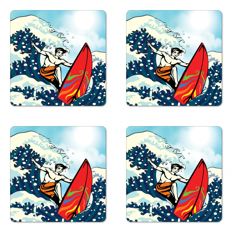 Summer Cartoon Surfing Boy Coaster Set Of Four