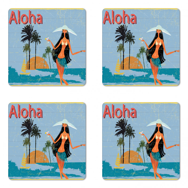 Brunette Hair Hawaiian Lady Coaster Set Of Four