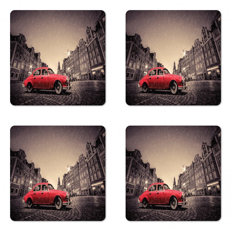 Retro Car on Cobblestone Road Coaster Set Of Four