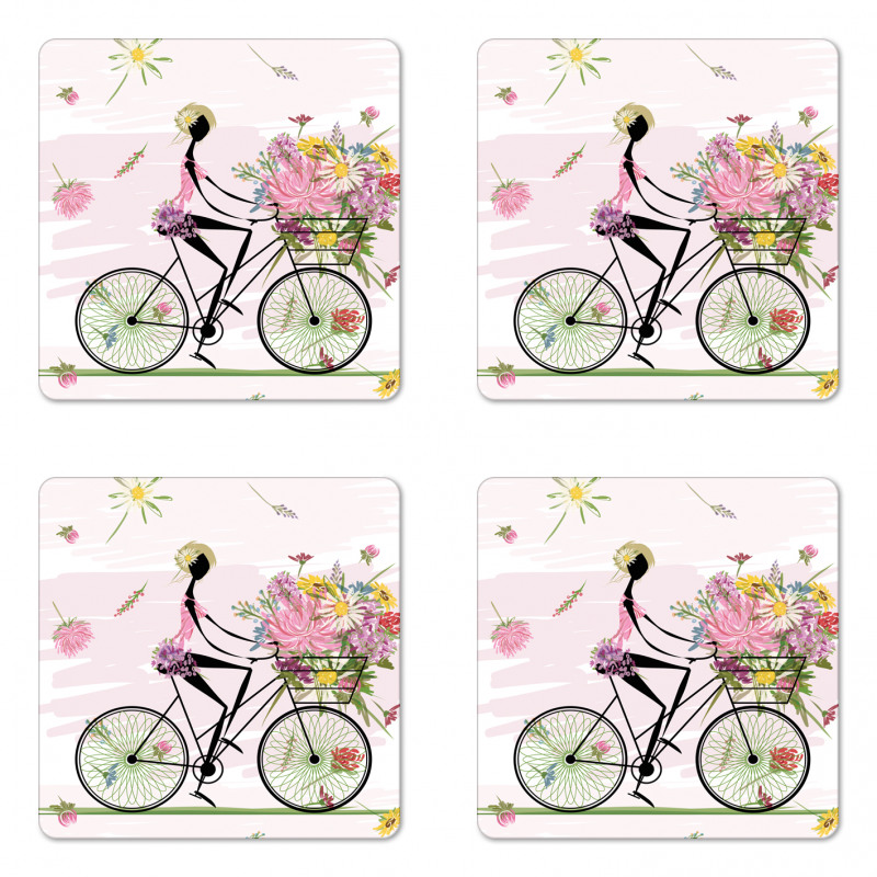 Girl Riding Bike Flowers Coaster Set Of Four