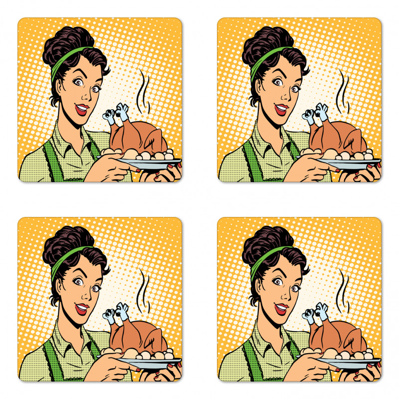 Woman with Cooked Chicken Coaster Set Of Four