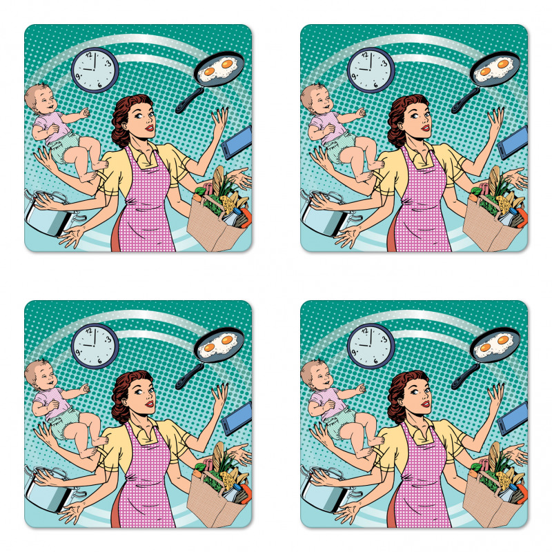 Pop Art Busy Woman Housework Coaster Set Of Four