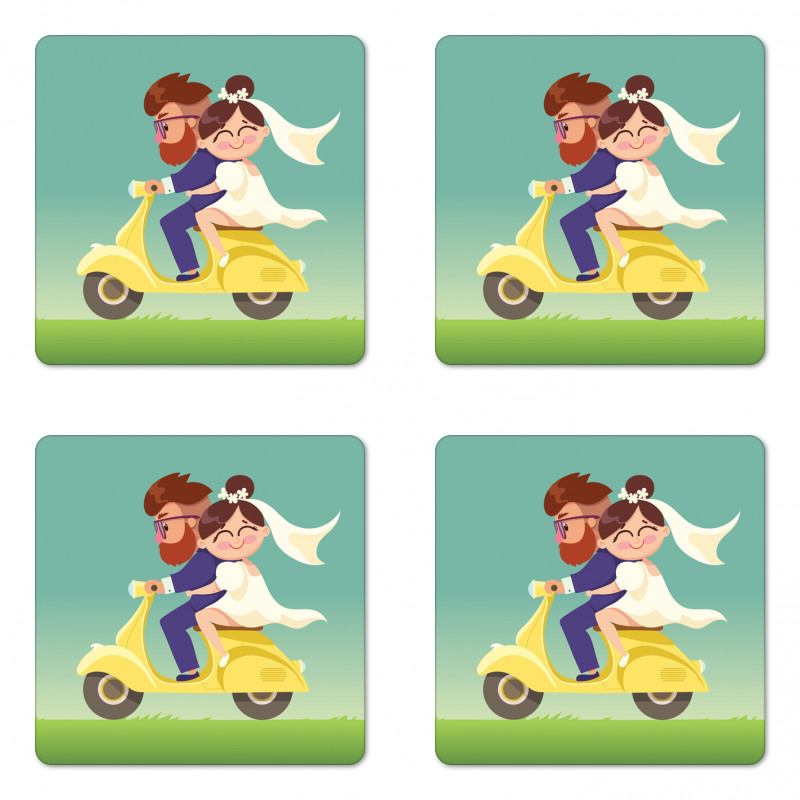 Happy Newlyweds on a Scooter Coaster Set Of Four