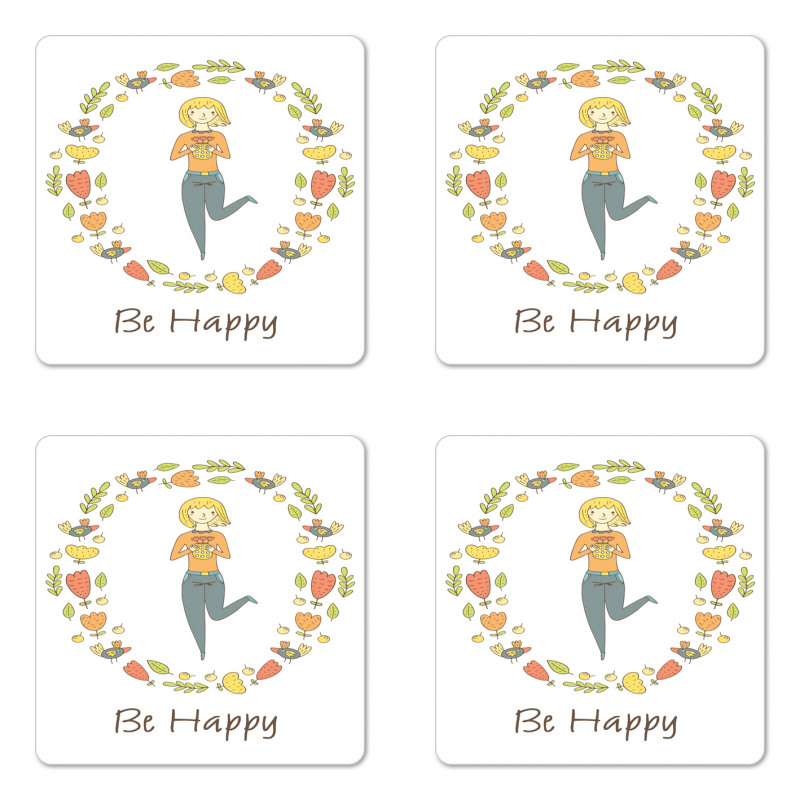 Girl with Flowers Birds Coaster Set Of Four