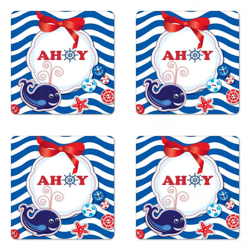 Marine Ahoy Cartoon Whale Coaster Set Of Four