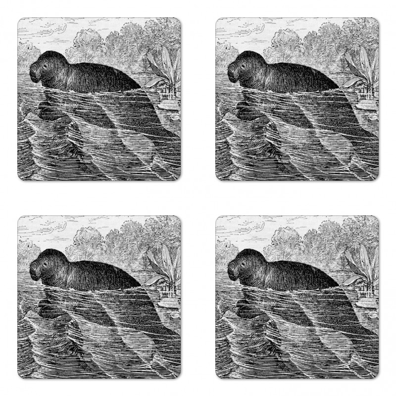 Hand Drawn Sea Cow Design Coaster Set Of Four