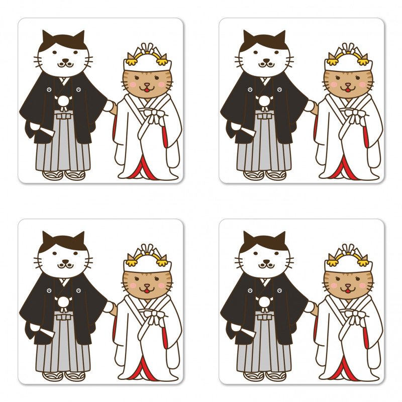 Bride and Groom Cats Coaster Set Of Four