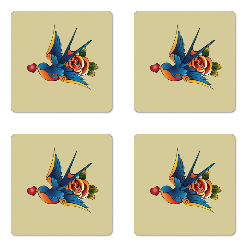 Heart Bird and Rose Art Coaster Set Of Four