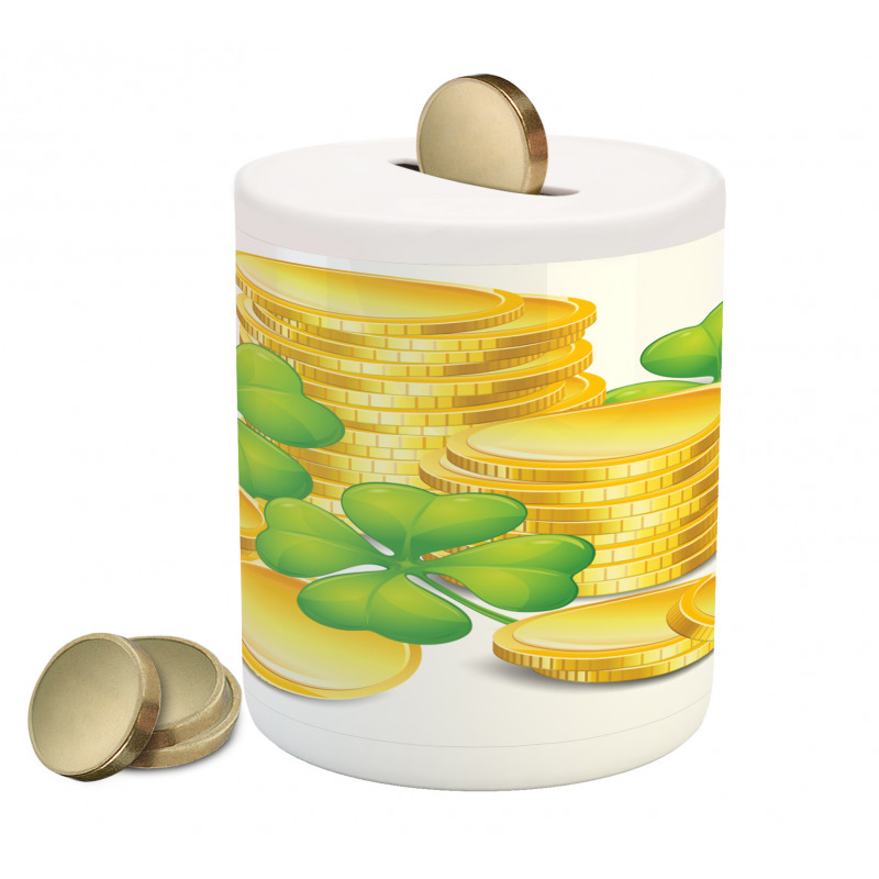 Coins and 4 Leaf Shamrock Piggy Bank