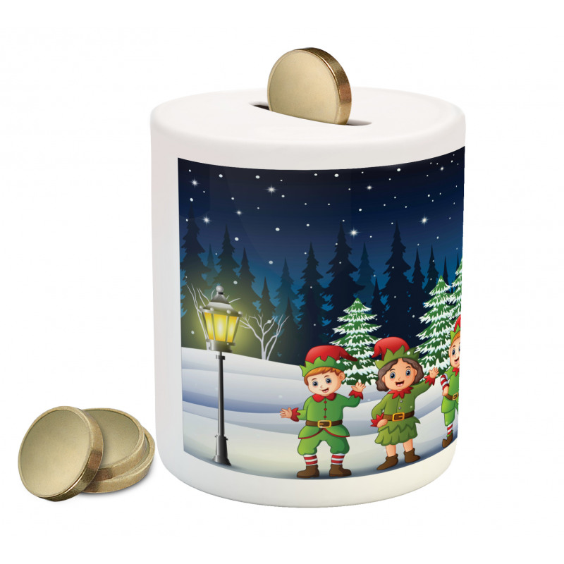 Snowing Forest and Children Piggy Bank