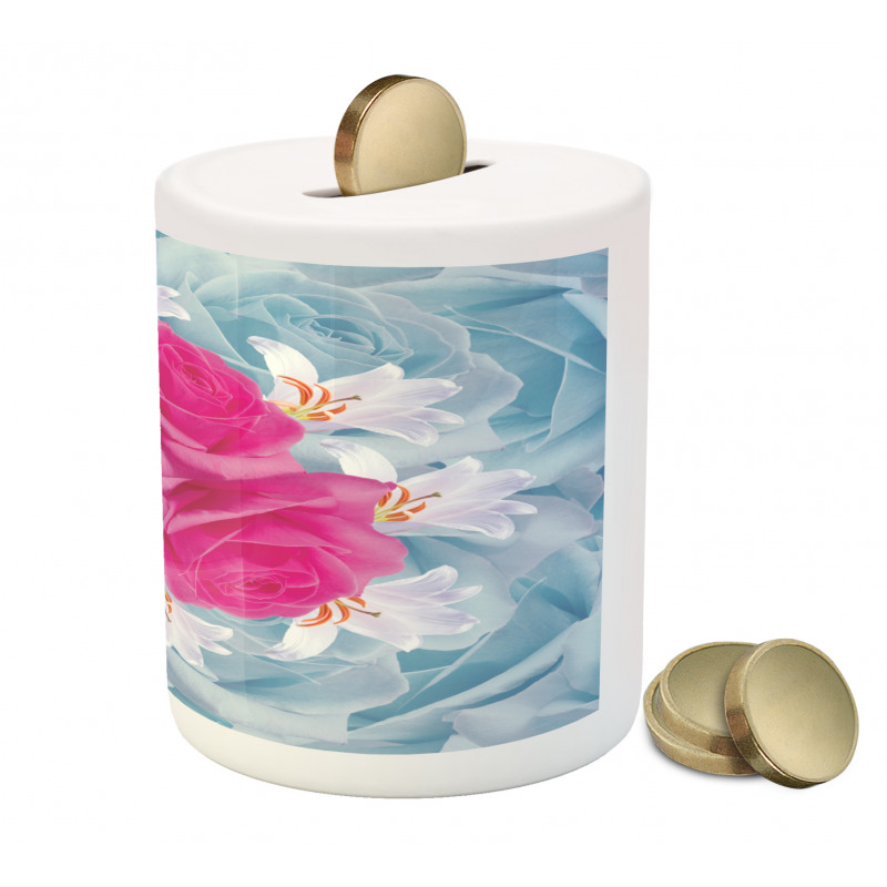 Graphic Roses and Lilies Piggy Bank