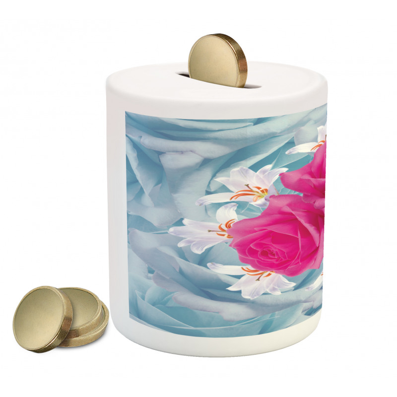 Graphic Roses and Lilies Piggy Bank