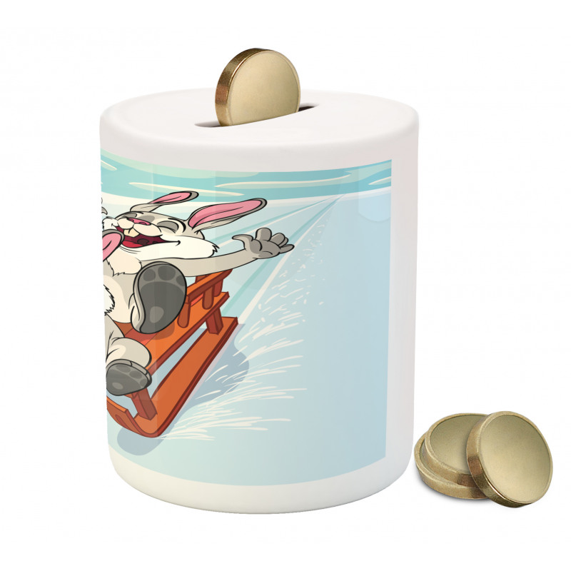 Winter Wooden Sled Cartoon Piggy Bank