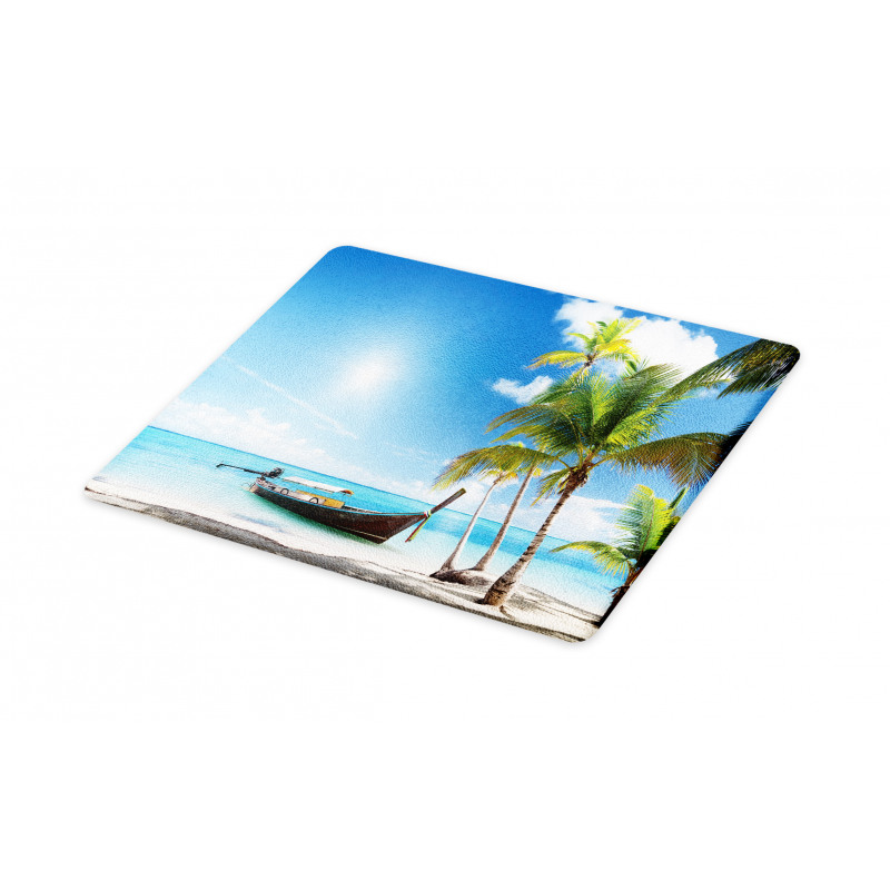 Wooden Boat on Exotic Beach Cutting Board