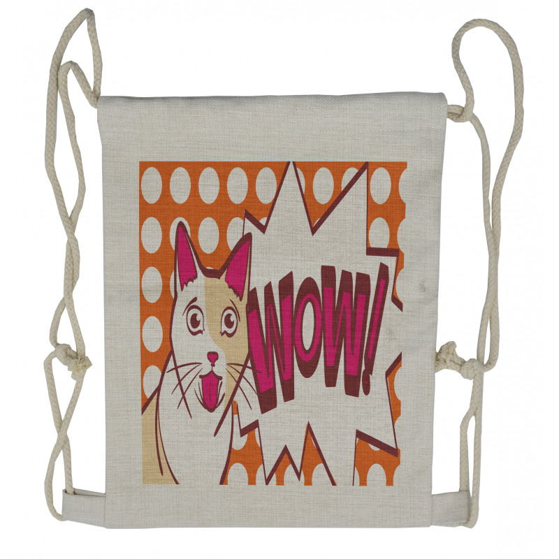 Comic Cat with Wow Lettering Drawstring Backpack