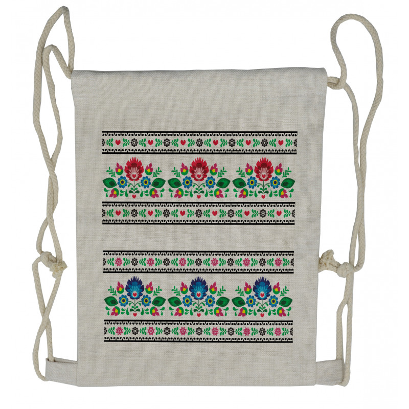 Folk Pattern with Flowers Drawstring Backpack