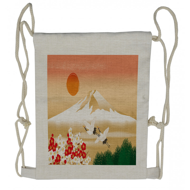 Japanese Landscape and Birds Drawstring Backpack