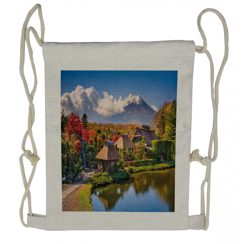 View of Oshino Thatch Houses Drawstring Backpack